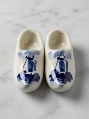 Vintage Delft Blue Dutch Wooden Shoes Miniature Ceramic Clog Pair Windmill 3"